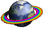 A gif of a spinning globe with a rainbow ring around it.