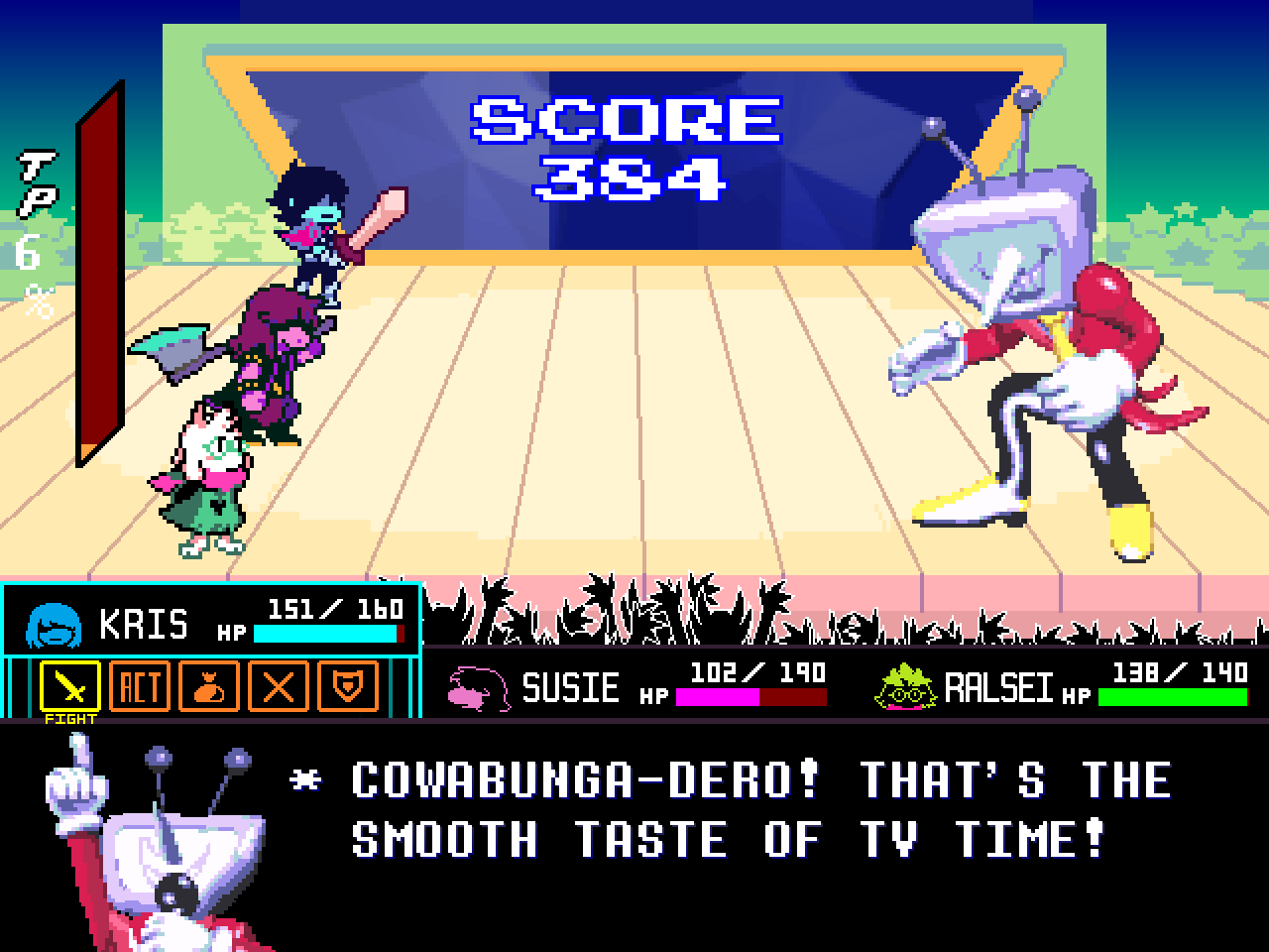 Screenshot of Deltarune, with Tenna exclaiming 'COWABUGNA-DERO! THAT'S THE SMOOTH TASTE OF TV TIME!'