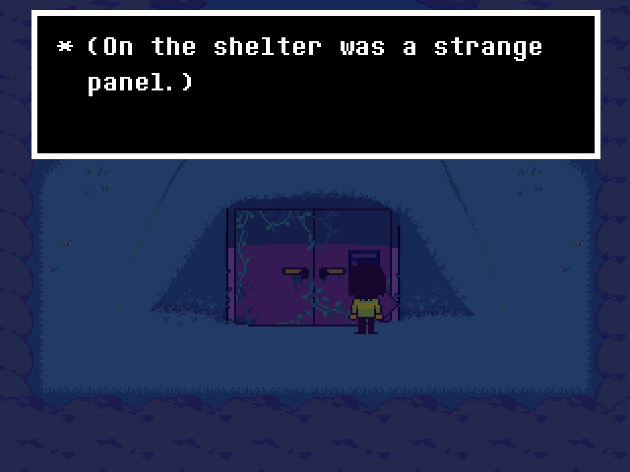 Screenshot of Deltarune, with Kris inspecting the bunker's panel. The text reads '*(On the shelter was a strange panel).'