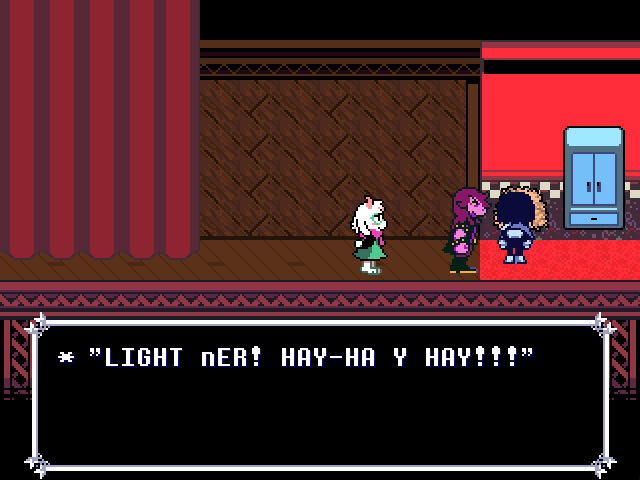 Screenshot of Deltarune, with 'Dealmaker' saying '*LIGHT nER! HAY-HA Y HAY!!!'