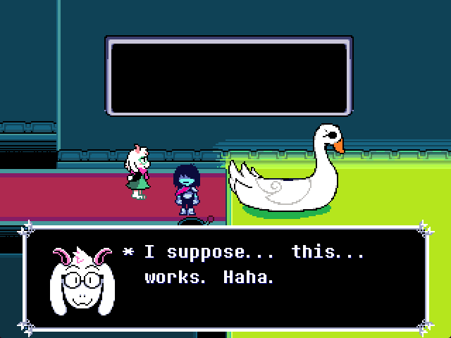 Screenshot of Deltarune, with Ralsei saying '*I suppose... this... works. Haha.