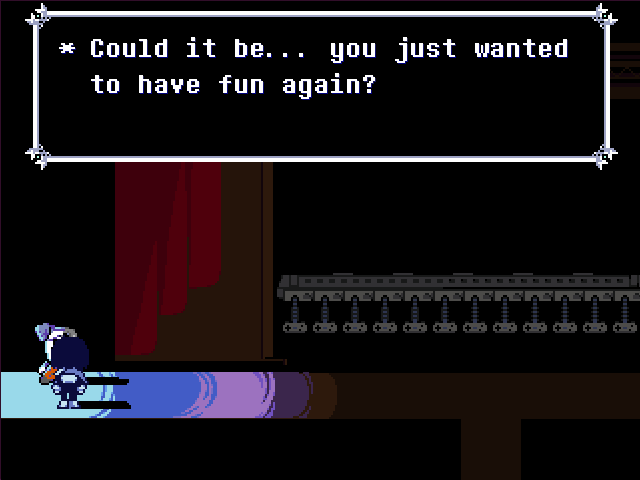Screenshot of Deltarune, with Ramb saying '*Could it be... you just wanted to have fun again?'