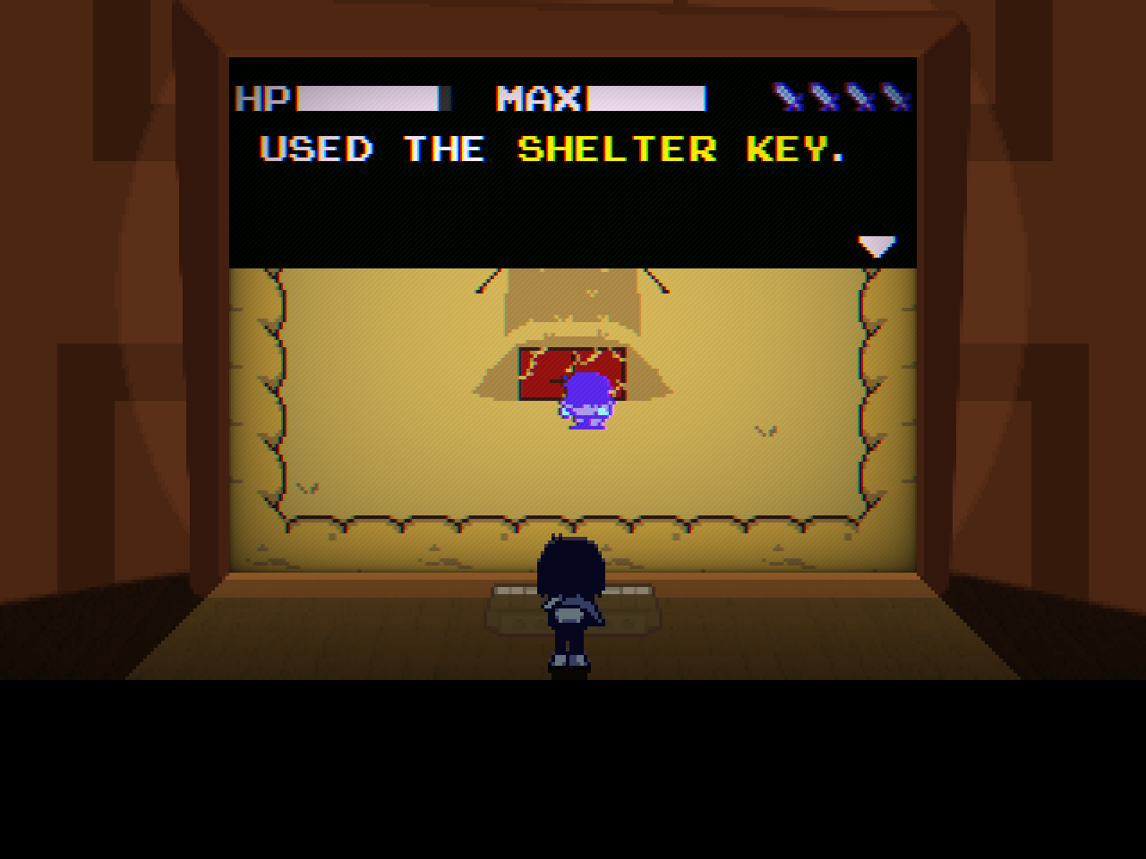 Screenshot of Deltarune, with an 8-bit Kris using a Shelter Key to open the bunker in an 8-bit recreation of Hometown