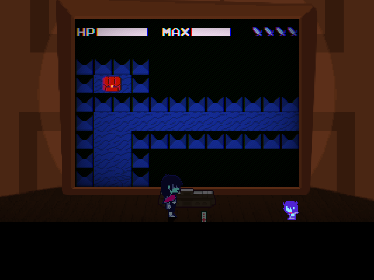 Screenshot of Deltarune, with an Kris looking at a player-controlled, 8-bit Kris who had just left the television in front of them