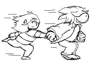 Sketch of Kris and Susie from Deltarune running, with Kris showing a smirk to the viewer.