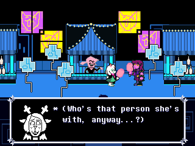 Screenshot of Deltarune, with Noelle saying '(Who's that person she's with, anyway?)'