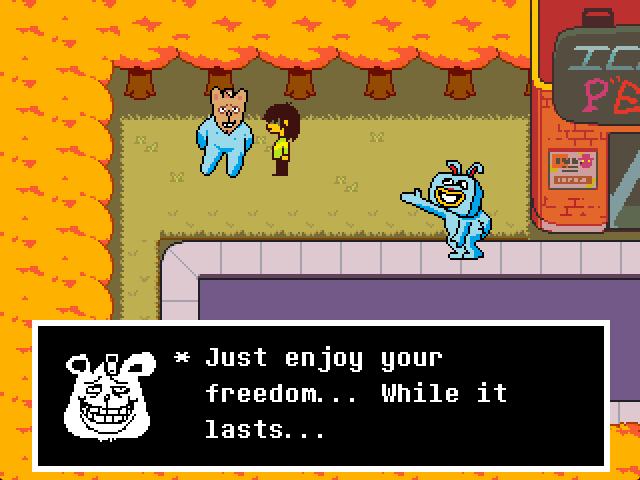 Screenshot of Deltarune, with 'Pizzapants saying 'Just enjoy your freedom... While it lasts...'