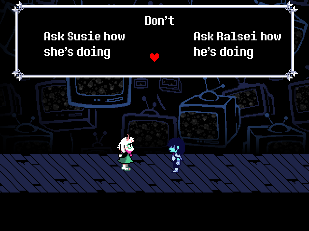 Screenshot of Deltarune, with three different choices given to the player to interact with Ralsei