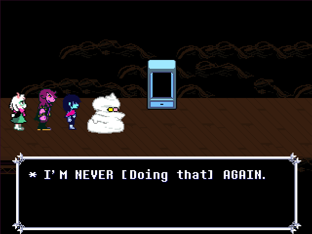Screenshot of Deltarune, with Spamton saying '*I'M NEVER [Doing that] AGAIN.'