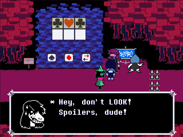 Screenshot of Deltarune, with Susie saying 'Hey, don't LOOK! Spoilers, dude!'
