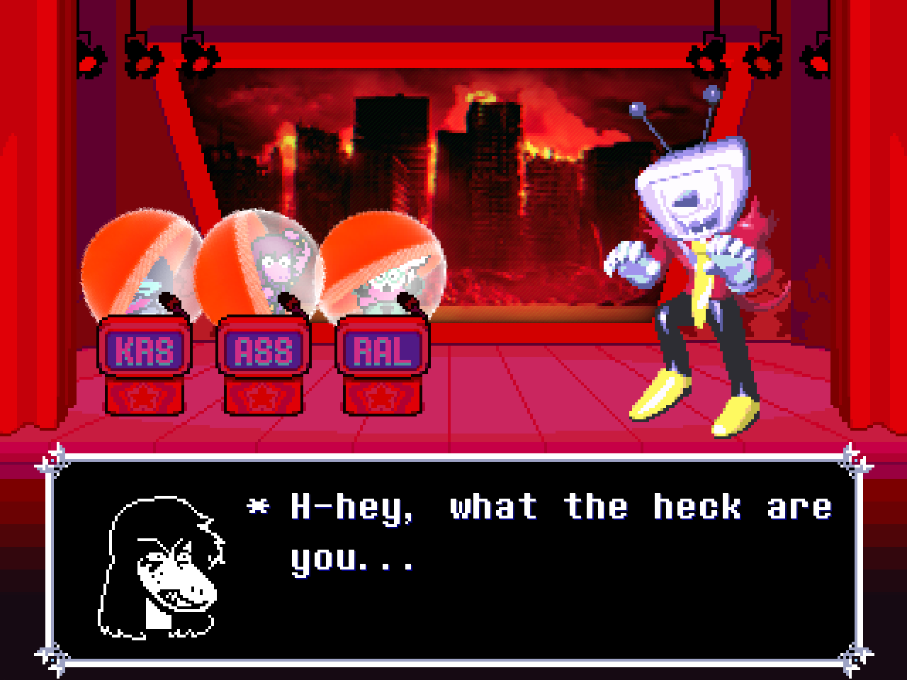 Screenshot of Deltarune, with Susie saying '*H-hey, what the heck are you...'