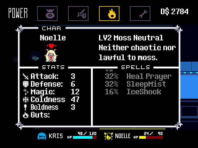 Moss-neutral Noelle on the Power screen